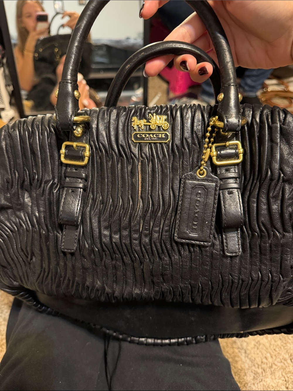 COACH Black Ruched Leather Satchel with Gold-Tone Accents